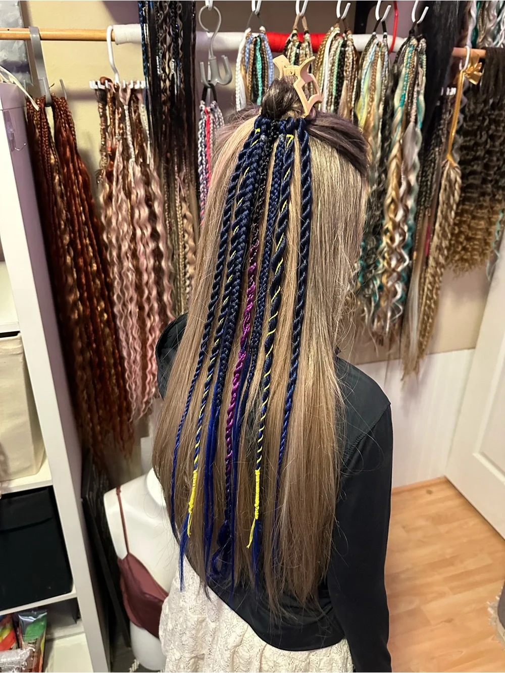 Navy Blue Braided Hair Extensions with Purple & Yellow Accents